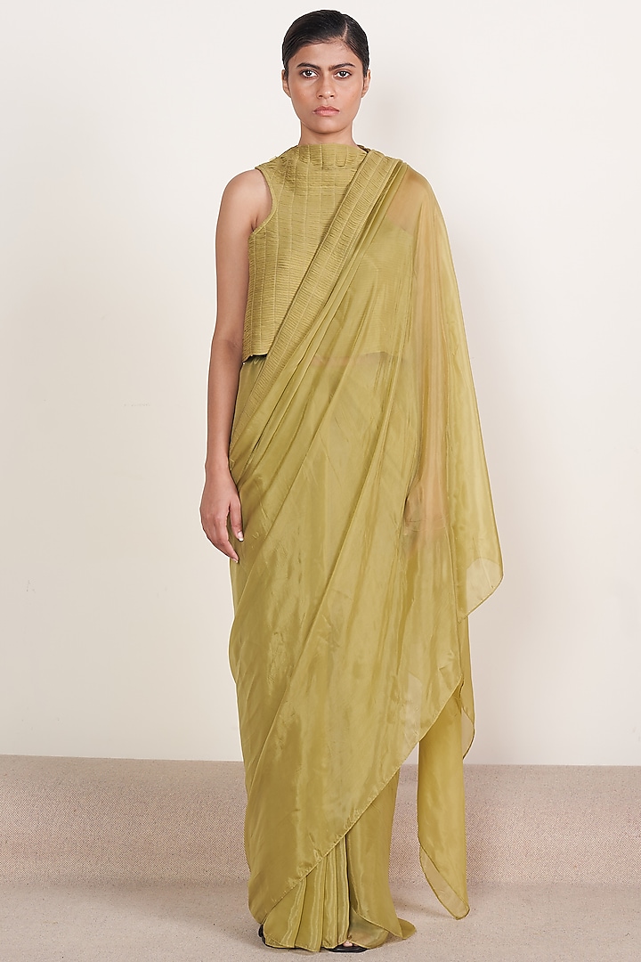 Leaf Green Vegan Silk Saree Set by Somya Goyal