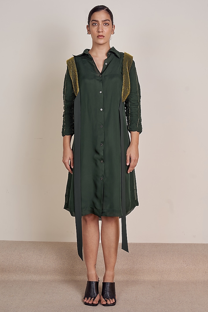 Dark Green Viscose A-Line Shirt Dress by Somya Goyal
