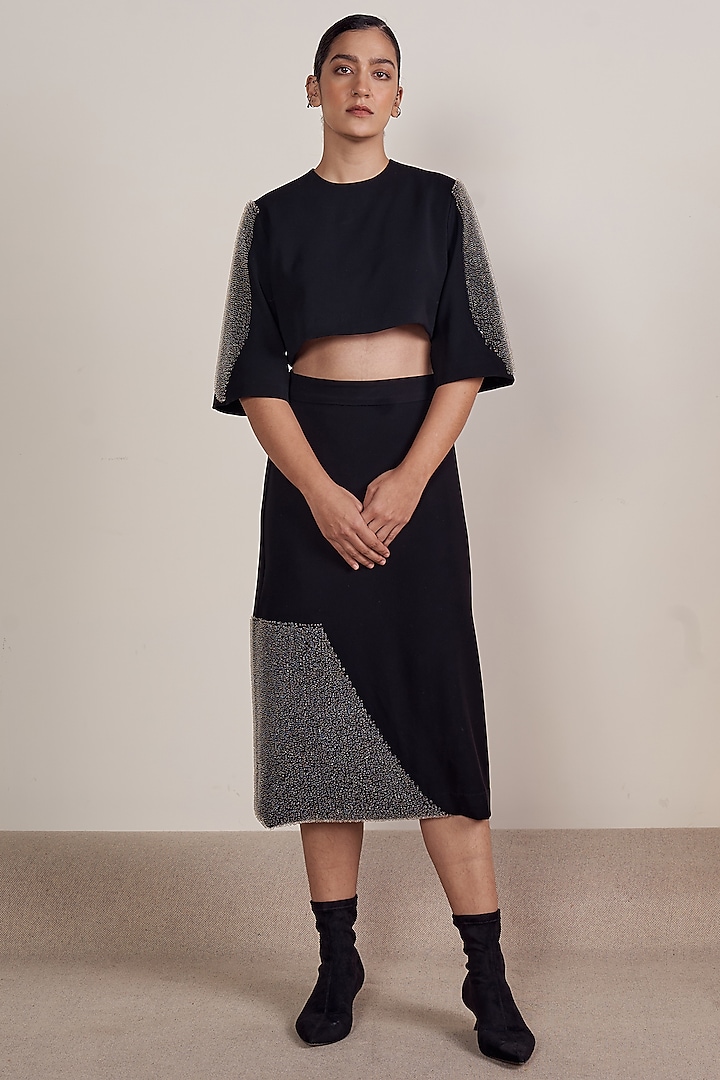 Black Microfiber Faille & Spandex Embroidered A-line Skirt Set by Somya Goyal