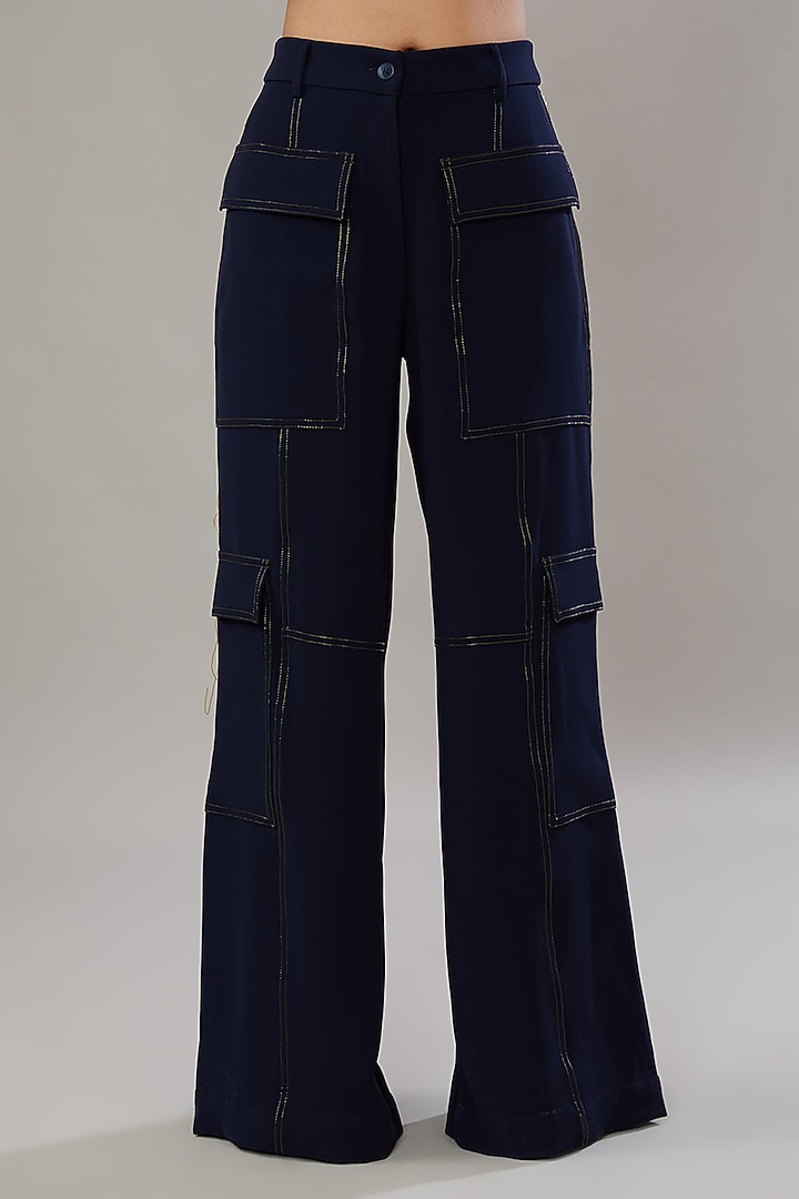 Midnight Blue Viscose Blend Cargo Trousers by Somya Goyal at Pernia's Pop Up Shop