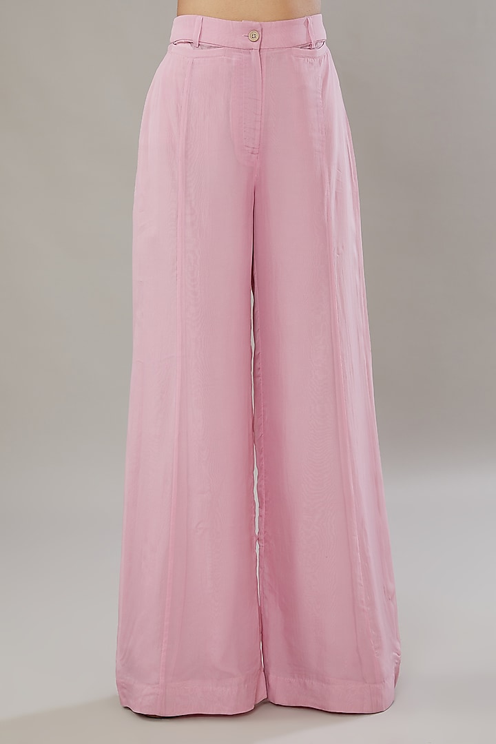 Pink Organza High-Waisted Flared Trousers by Somya Goyal at Pernia's Pop Up Shop