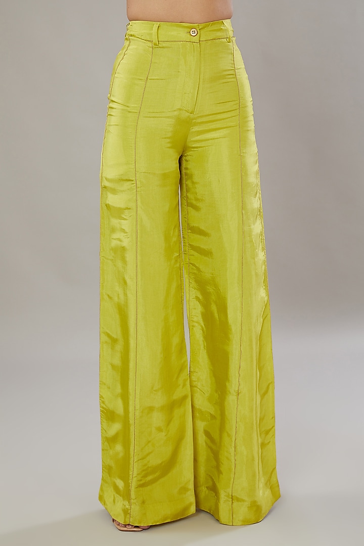 Monet Green Upada Silk High-Waisted Flared Trousers by Somya Goyal at Pernia's Pop Up Shop