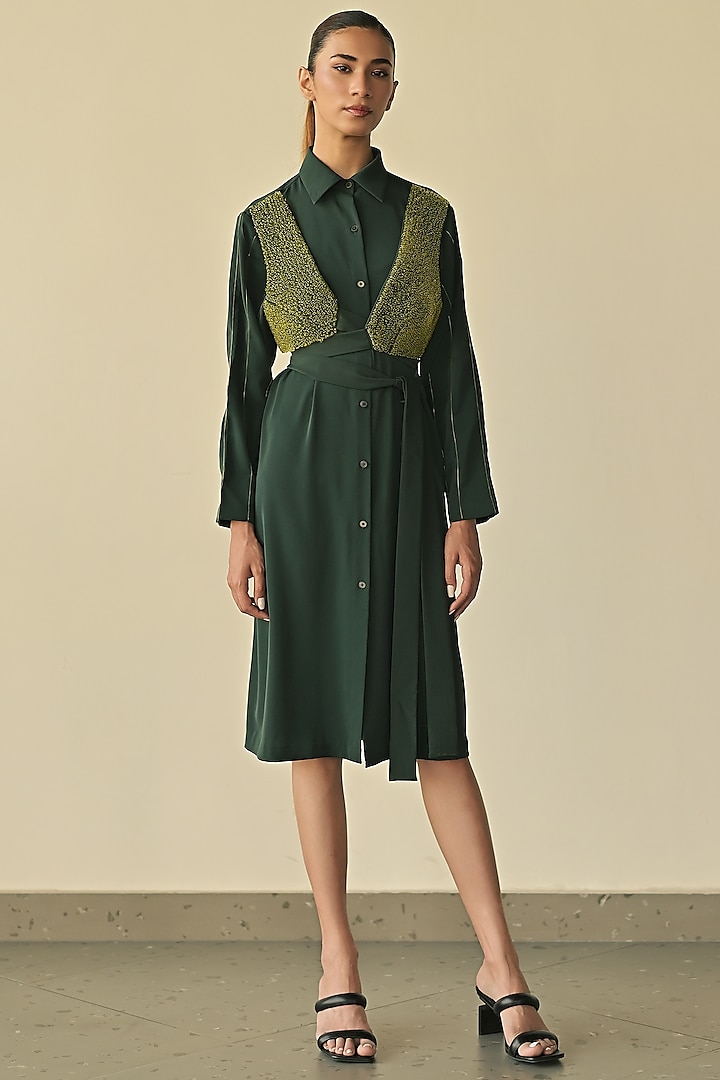 Forest Green Tessuti Loop Embroidered Shirt Dress by Somya Goyal at Pernia's Pop Up Shop