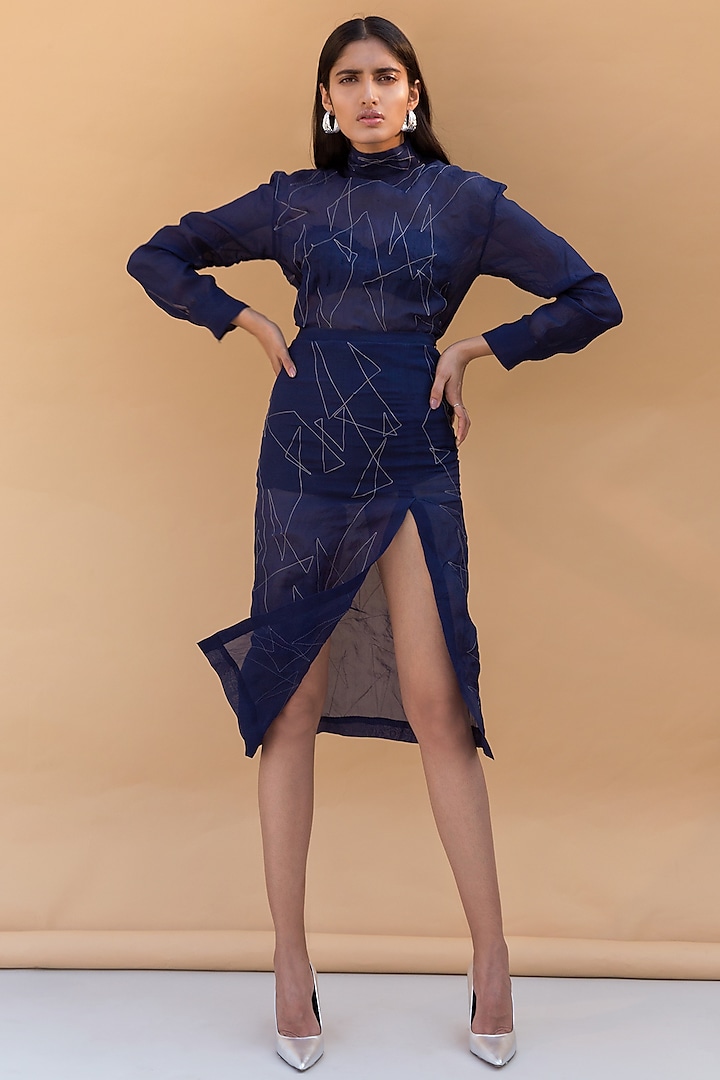 Ink Blue Metallic Embroidered High Slit Skirt by Somya Goyal