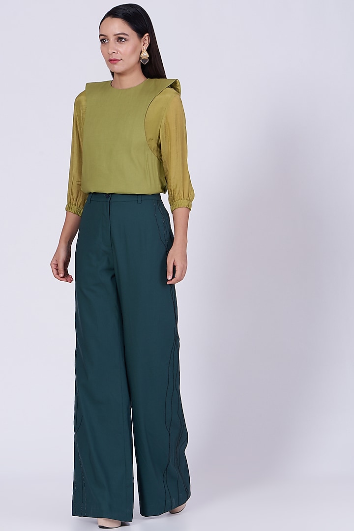 Forest Green Hand Embroidered Trousers by Somya Goyal