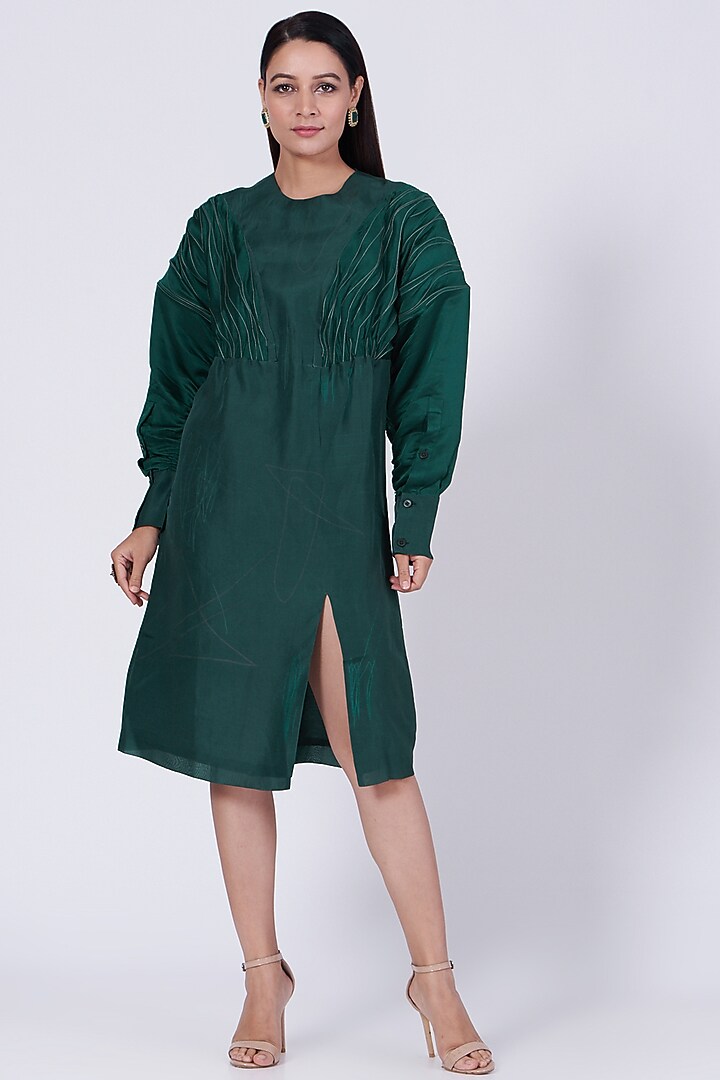Forest Green Hand Embroidered Summer Dress by Somya Goyal at Pernia's Pop Up Shop