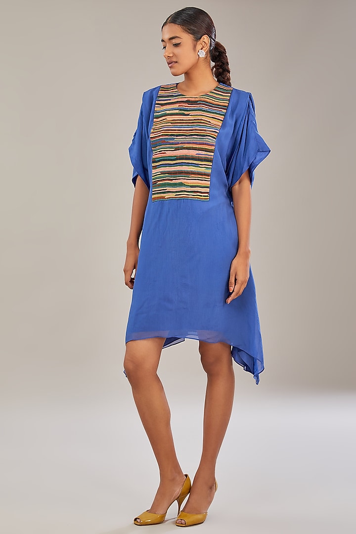 Blue Organza Asymmetric Kaftan Dress by Somya Goyal