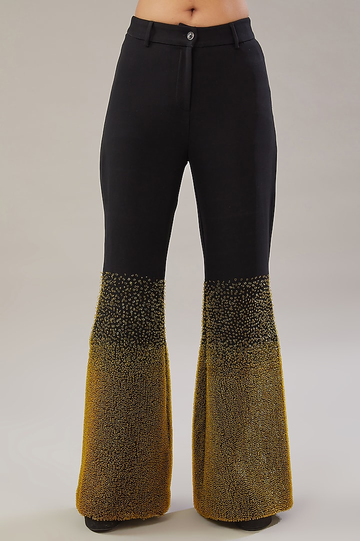 Black Polyester & Cupro Hand Embroidered High-Waisted Pants by Somya Goyal at Pernia's Pop Up Shop