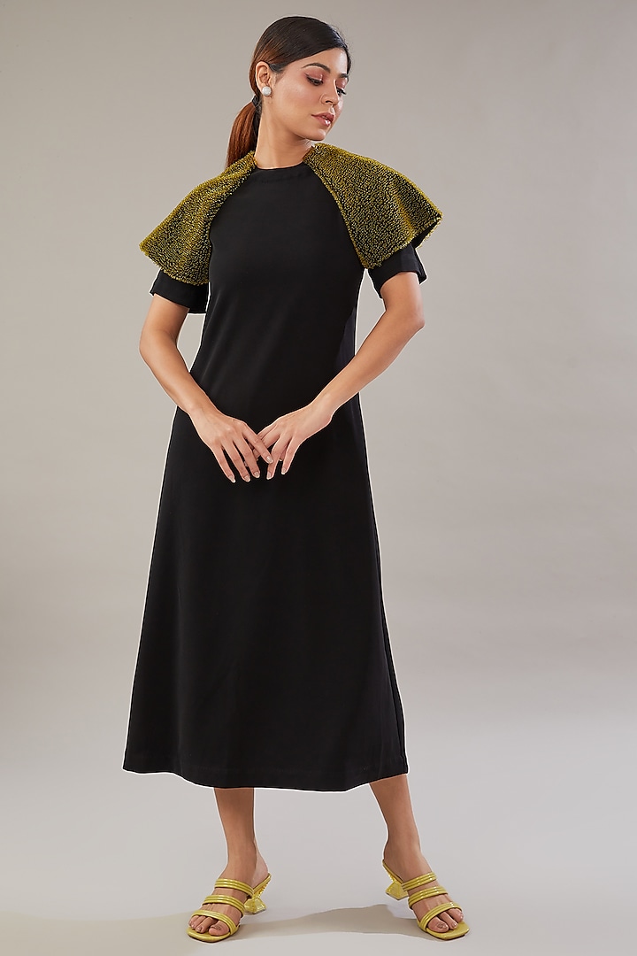Black Cupro & Viscose Embroidered A-Line Flared Dress by Somya Goyal