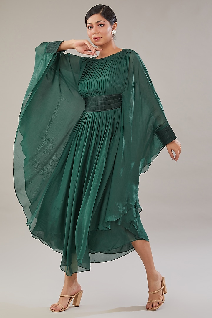 Forest Green Viscose & Cupro Pleated Kaftan Dress by Somya Goyal