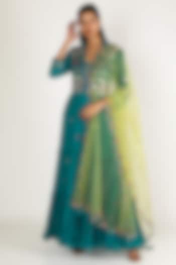 Turquoise Embroidered Jumpsuit With Dupatta by Miku Kumar