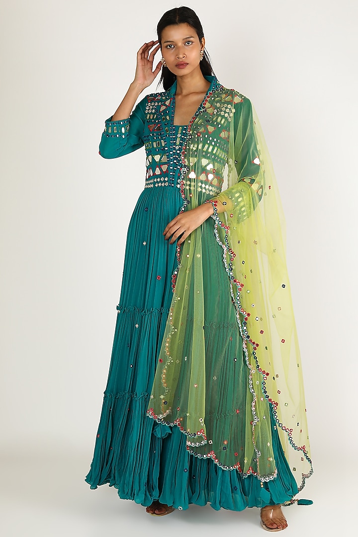 Turquoise Embroidered Jumpsuit With Dupatta by Miku Kumar