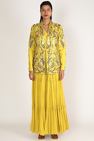Yellow Embroidered Jumpsuit With Jacket by Miku Kumar