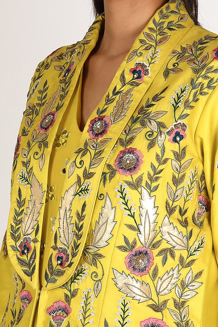 Yellow Embroidered Jumpsuit With Jacket by Miku Kumar at Pernia's Pop Up Shop