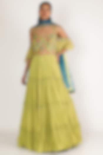 Green Embroidered Layered Gown With Dupatta by Miku Kumar