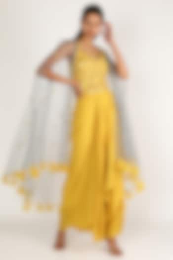 Yellow Embroidered Skirt Set With Cape by Miku Kumar