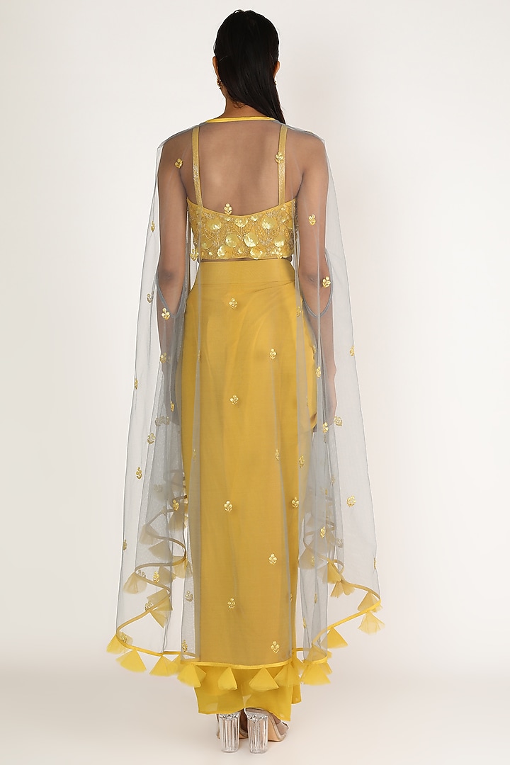 Yellow Georgette Hand Embroidered Draped Skirt Set by Miku Kumar at Pernia's Pop Up Shop