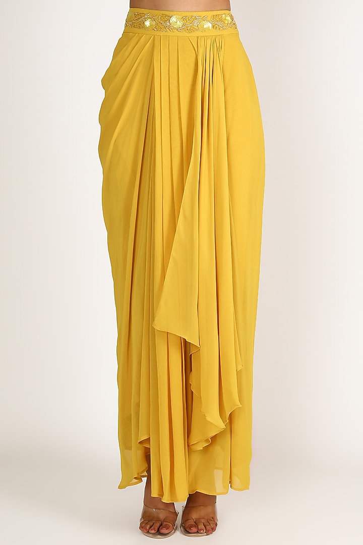 Yellow Georgette Hand Embroidered Draped Skirt Set by Miku Kumar at Pernia's Pop Up Shop