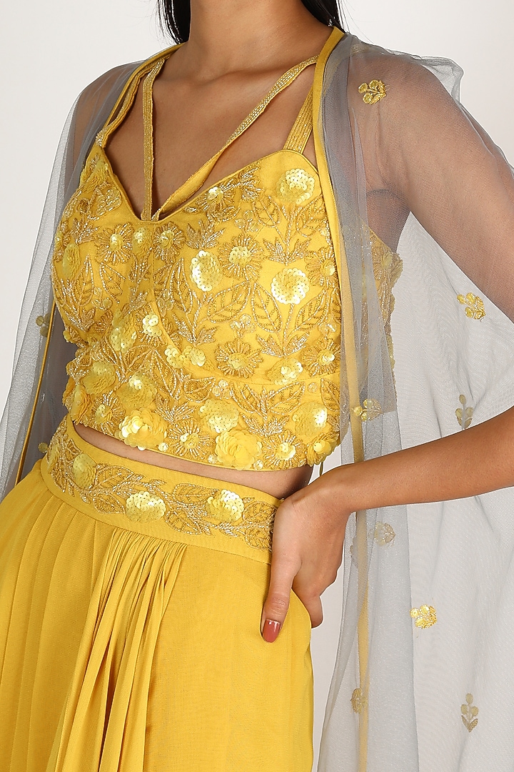 Yellow Georgette Hand Embroidered Draped Skirt Set by Miku Kumar at Pernia's Pop Up Shop