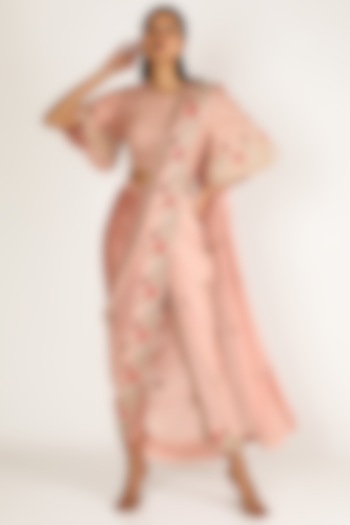 Peach Embroidered Pant Saree With Belt by Miku Kumar