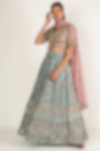 Blue & Onion Pink Embroidered Wedding Lehenga Set by Miku Kumar at Pernia's Pop Up Shop
