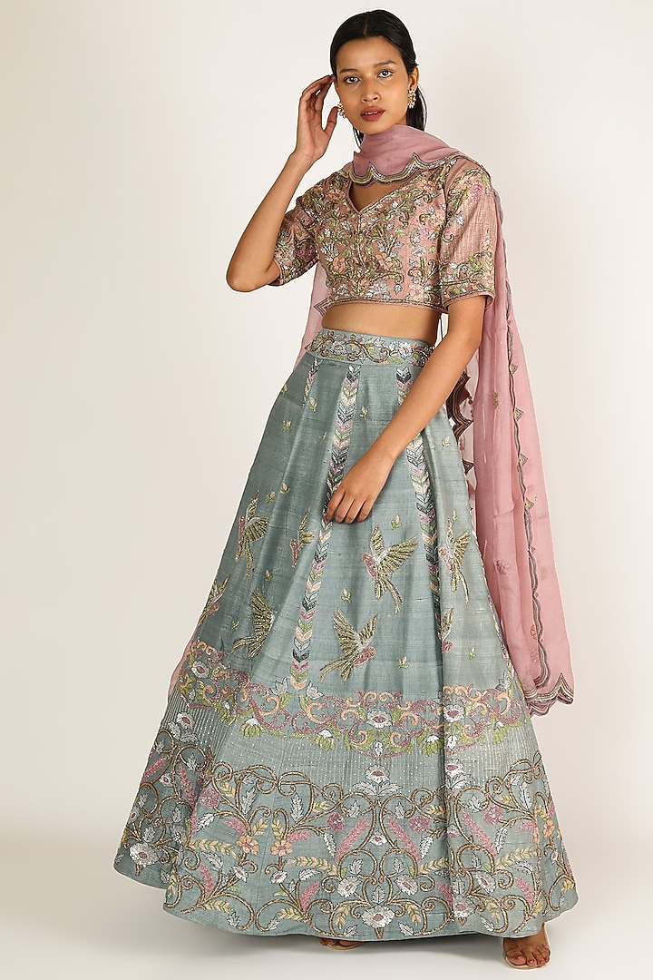 Blue & Onion Pink Embroidered Wedding Lehenga Set by Miku Kumar at Pernia's Pop Up Shop
