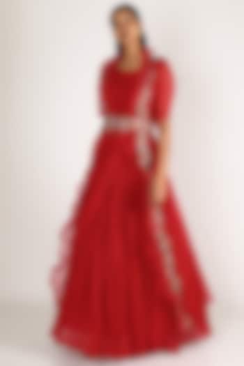 Red Embroidered Gown With Cape & Belt by Miku Kumar
