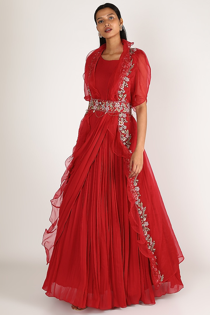 Red Embroidered Gown With Cape & Belt by Miku Kumar
