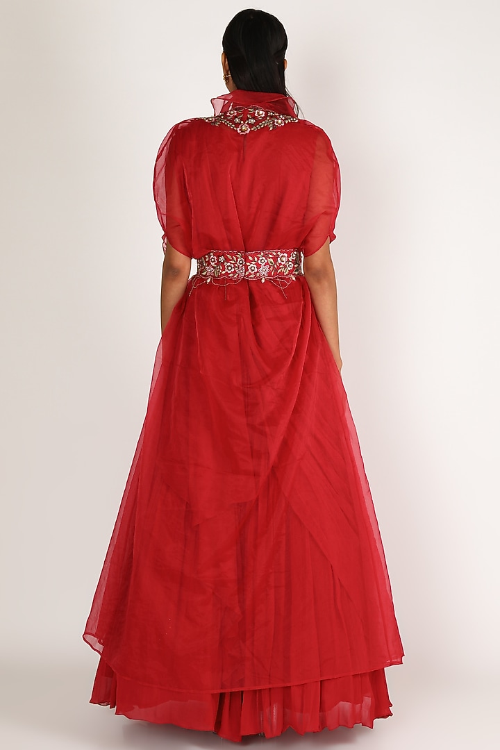 Red Embroidered Engagement Gown With Cape & Belt by Miku Kumar at Pernia's Pop Up Shop
