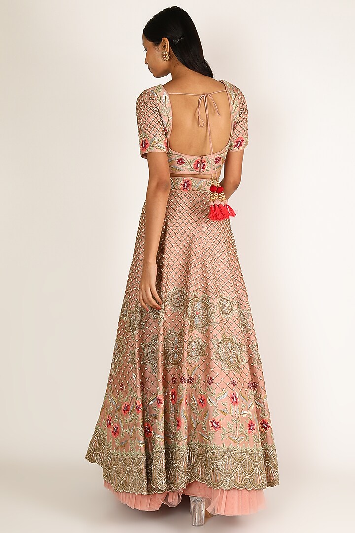 Peach Embroidered Bridal Lehenga Set by Miku Kumar at Pernia's Pop Up Shop
