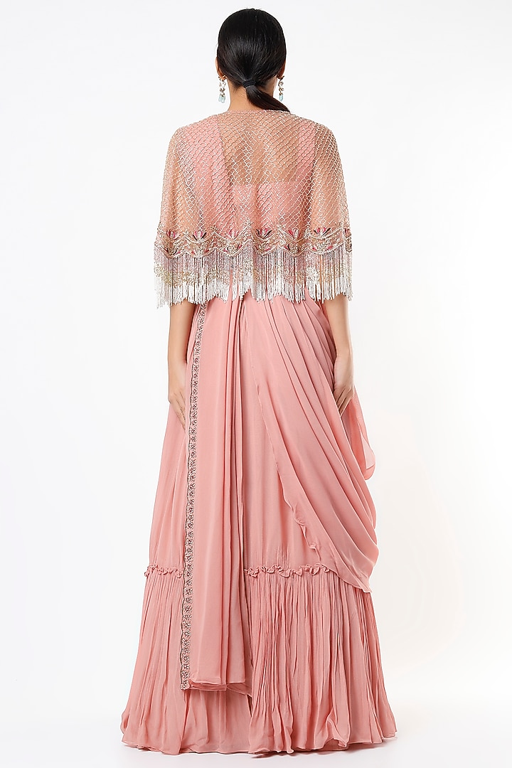 Peach Draped Wedding Lehenga Set With Cape by Miku Kumar at Pernia's Pop Up Shop