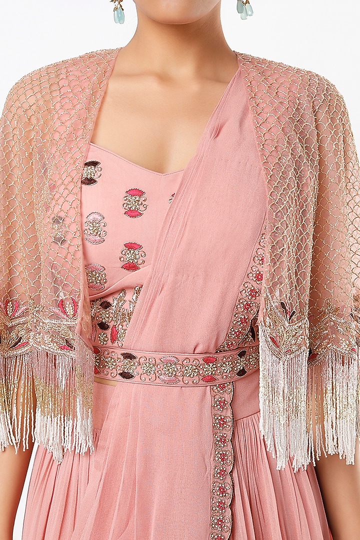 Peach Draped Wedding Lehenga Set With Cape by Miku Kumar at Pernia's Pop Up Shop