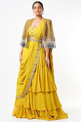Radiant Yellow Draped Lehenga Set With Cape by Miku Kumar