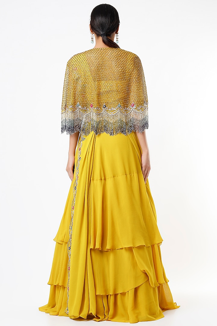 Radiant Yellow Draped Wedding Lehenga Set With Cape by Miku Kumar at Pernia's Pop Up Shop