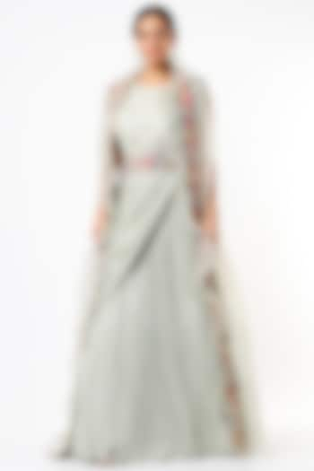 Misty Blue Draped Gown With Cape by Miku Kumar at Pernia's Pop Up Shop