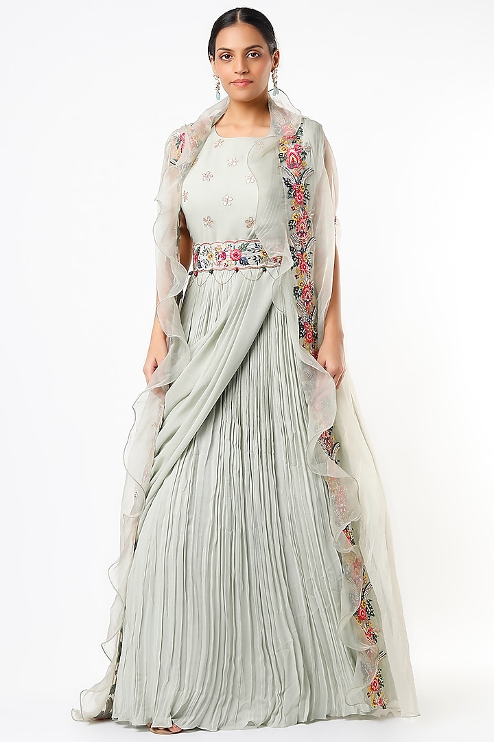 Misty Blue Draped Gown With Cape by Miku Kumar