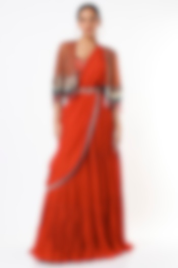 Rust-Red Draped Wedding Lehenga Set With Cape by Miku Kumar at Pernia's Pop Up Shop