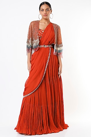 Rust-Red Draped Lehenga Set With Cape by Miku Kumar