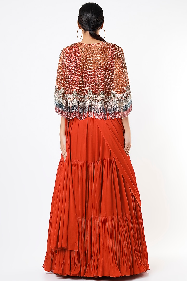 Rust-Red Draped Wedding Lehenga Set With Cape by Miku Kumar at Pernia's Pop Up Shop