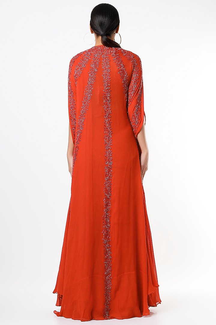 Rust Red Georgette Draped Jacket Wedding Saree Set by Miku Kumar at Pernia's Pop Up Shop