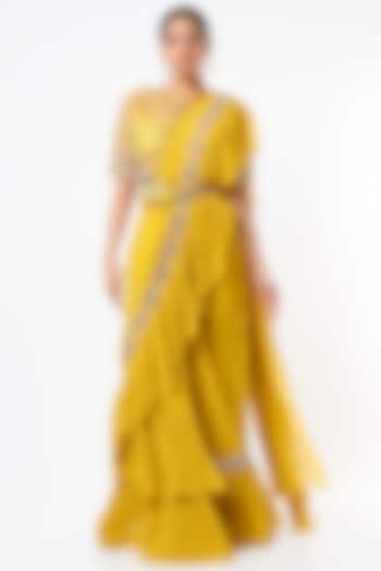 Radiant Yellow Georgette Ruffled Draped Saree Set by Miku Kumar
