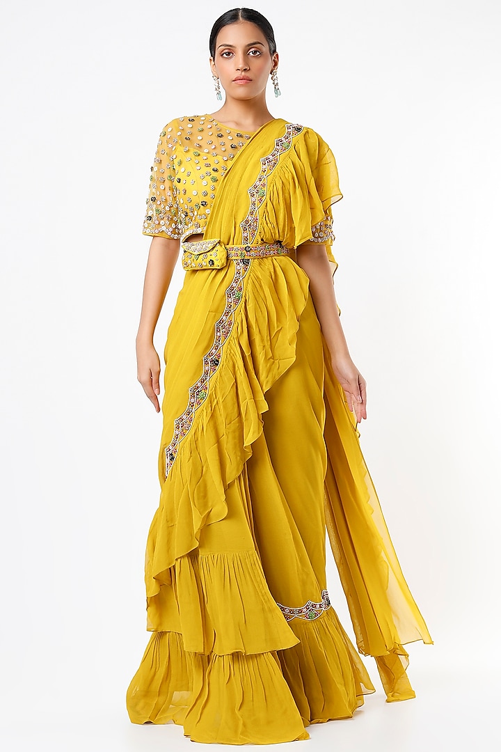 Radiant Yellow Georgette Ruffled Draped Saree Set by Miku Kumar