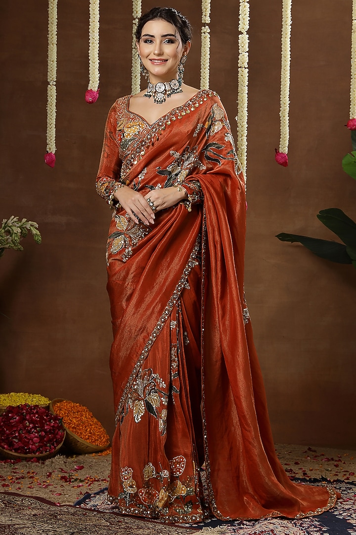 Orange Georgette Shimmer Tissue Embroidered Pre-Draped Reception Saree Set by Miku Kumar at Pernia's Pop Up Shop