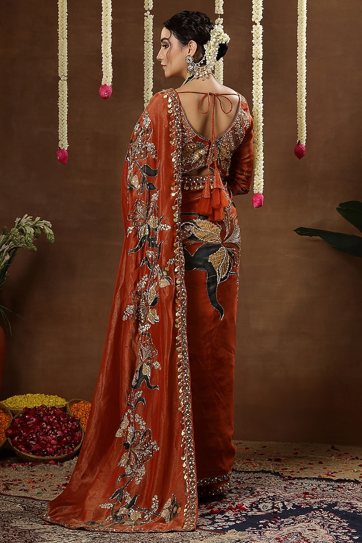 Orange Georgette Shimmer Tissue Embroidered Pre-Draped Reception Saree Set by Miku Kumar at Pernia's Pop Up Shop