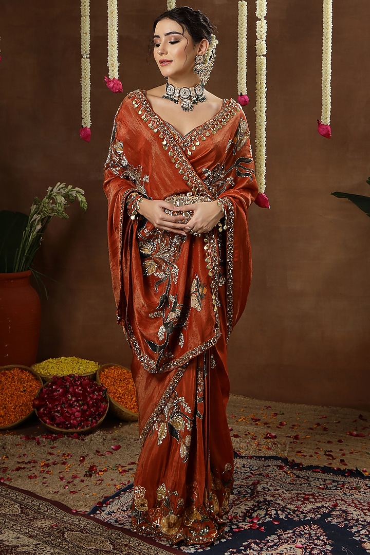 Orange Georgette Shimmer Tissue Embroidered Pre-Draped Reception Saree Set by Miku Kumar at Pernia's Pop Up Shop