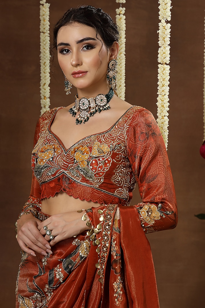 Orange Georgette Shimmer Tissue Embroidered Pre-Draped Reception Saree Set by Miku Kumar at Pernia's Pop Up Shop