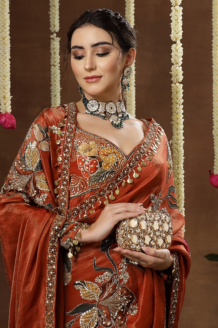 Orange Georgette Shimmer Tissue Embroidered Pre-Draped Reception Saree Set by Miku Kumar at Pernia's Pop Up Shop