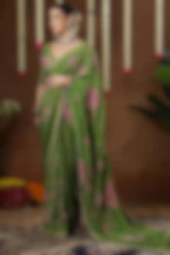 Green Georgette Shimmer Tissue Printed Pre-Draped Reception Saree Set by Miku Kumar at Pernia's Pop Up Shop