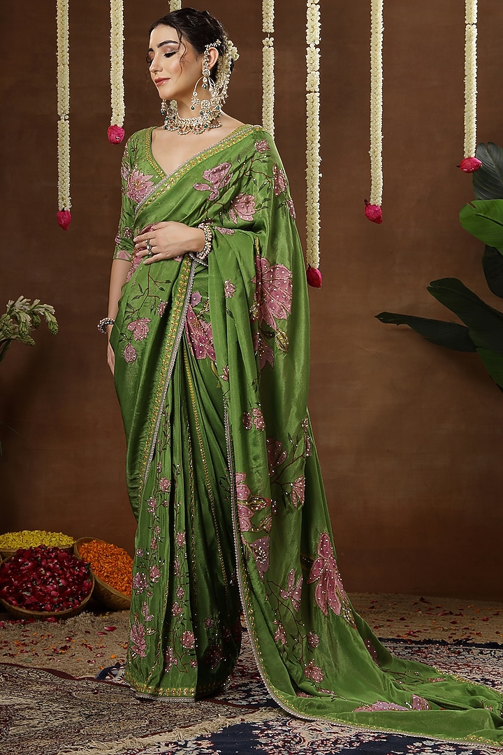 Green Georgette Shimmer Tissue Printed Pre-Draped Reception Saree Set by Miku Kumar at Pernia's Pop Up Shop
