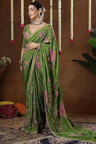 Green Georgette Shimmer Tissue Printed Pre-Draped Saree Set by Miku Kumar